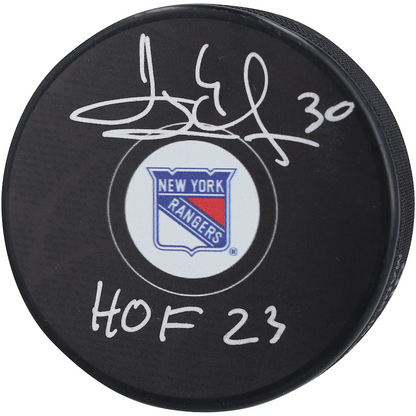 Henrik Lundqvist Signed New York Rangers Hockey Puck with "HOF 23" Inscription (Fanatics)