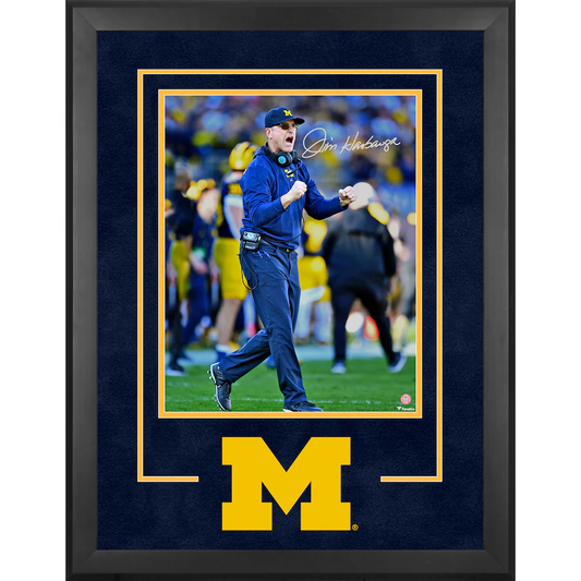 Jim Harbaugh Michigan Wolverines Signed College Football Playoff 2023 National Champions Deluxe Framed 16" x 20" 2024 Rose Bowl Game Celebrating Photograph (Fanatics)