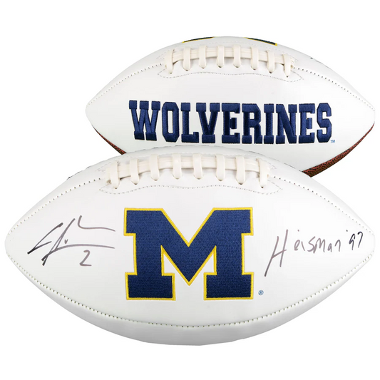 Charles Woodson Michigan Wolverines Signed White Panel Football with "Heisman 97" Inscription  (Fanatics)