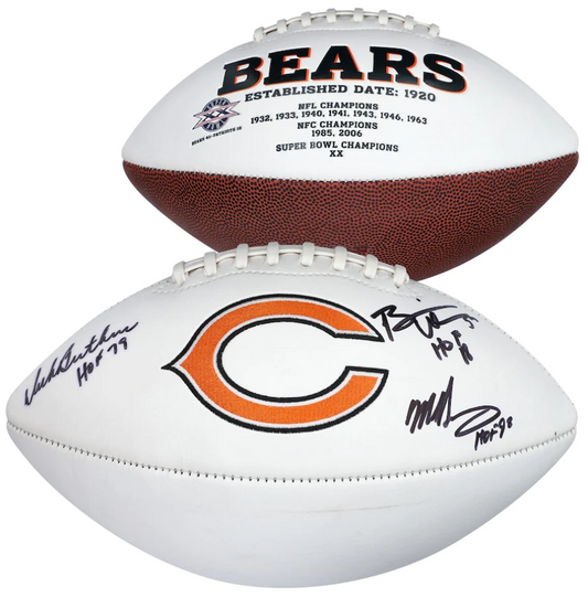 Dick Butkus, Mike Singletary & Brian Urlacher Signed Chicago Bears White Panel Football with Hall of Fame Inscriptions (Fanatics)