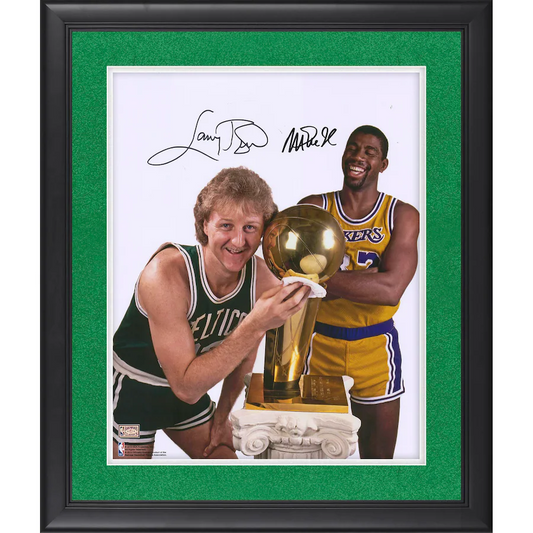 Larry Bird & Magic Johnson Signed Boston Celtics & Los Angeles Lakers  Framed 16'' x 20'' Laughing with Trophy Photograph (Fanatics)