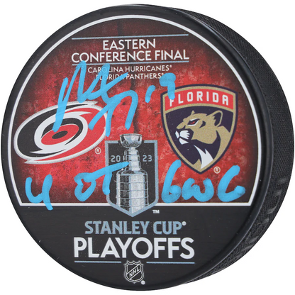 Matthew Tkachuk Signed Florida Panthers 2023 Stanley Cup Playoffs Eastern Conference Finals Hockey Puck with "4OT GWG" Inscription (Fanatics)
