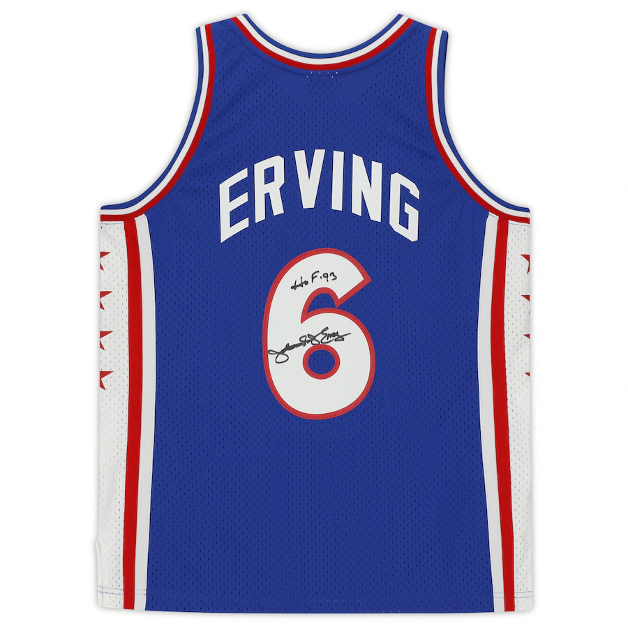 Julius Erving Signed Philadelphia 76ers  Blue Mitchell & Ness 1982-83 Hardwood Classics Swingman Jersey with "HOF '93" Inscription (Fanatics)