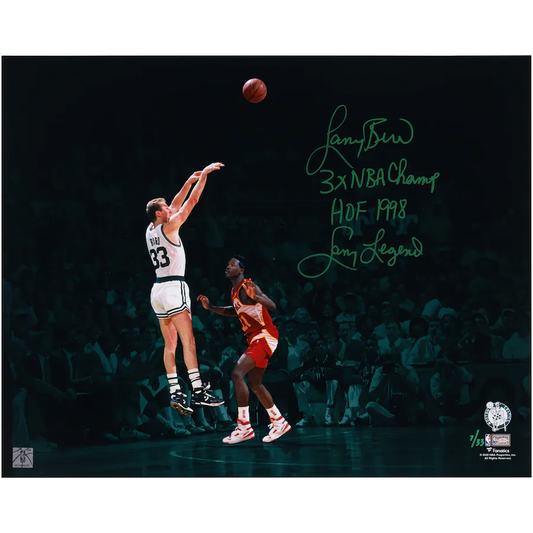 Larry Bird Signed Boston Celtics  16" x 20" Shot Over Wilkins Green Spotlight Picture with Multiple Inscriptions - Limited Edition of 33 (Fanatics)