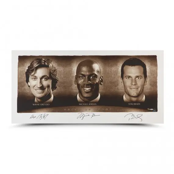 Wayne Gretzky, Michael Jordan and Tom Brady Signed “Faces of Sport” 48 x 24 (Upper Deck)