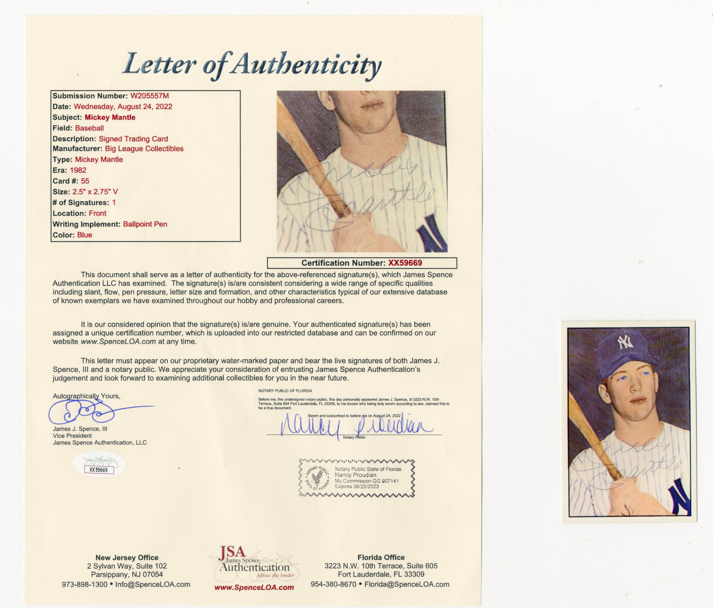 Mickey Mantle Signed Baseball Card (JSA)