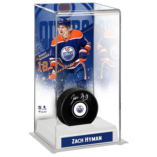 Zach Hyman Signed Edmonton Oilers  with Deluxe Tall Hockey Puck Case (Fanatics)