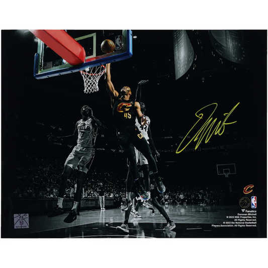 Donovan Mitchell Signed Cleveland Cavaliers  11" x 14" Spotlight Layup Versus Philadelphia 76ers Photograph (Fanatics)