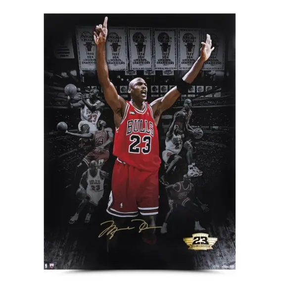 Michael Jordan Signed  “6 Banners 25th Anniversary 1998 Championship Logo” 30x40 (Upper Deck)