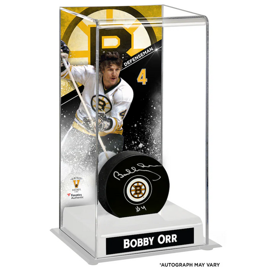 Bobby Orr Signed Boston Bruins with Deluxe Tall Hockey Puck Case (Fanatics)