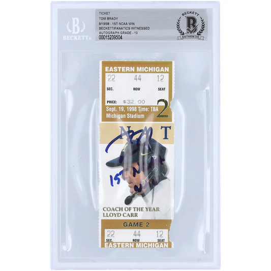 Tom Brady Michigan Wolverines Signed Ticket from September 19 1998 with "1st NCAA Win" Inscription - Beckett/Fanatics Graded 10 (Fanatics)