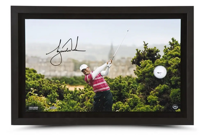 Tiger Woods Signed British Open 10th Tee Breaking Through Print with Personally Range Driven Golf Ball LE/250 - Framed (Upper Deck)