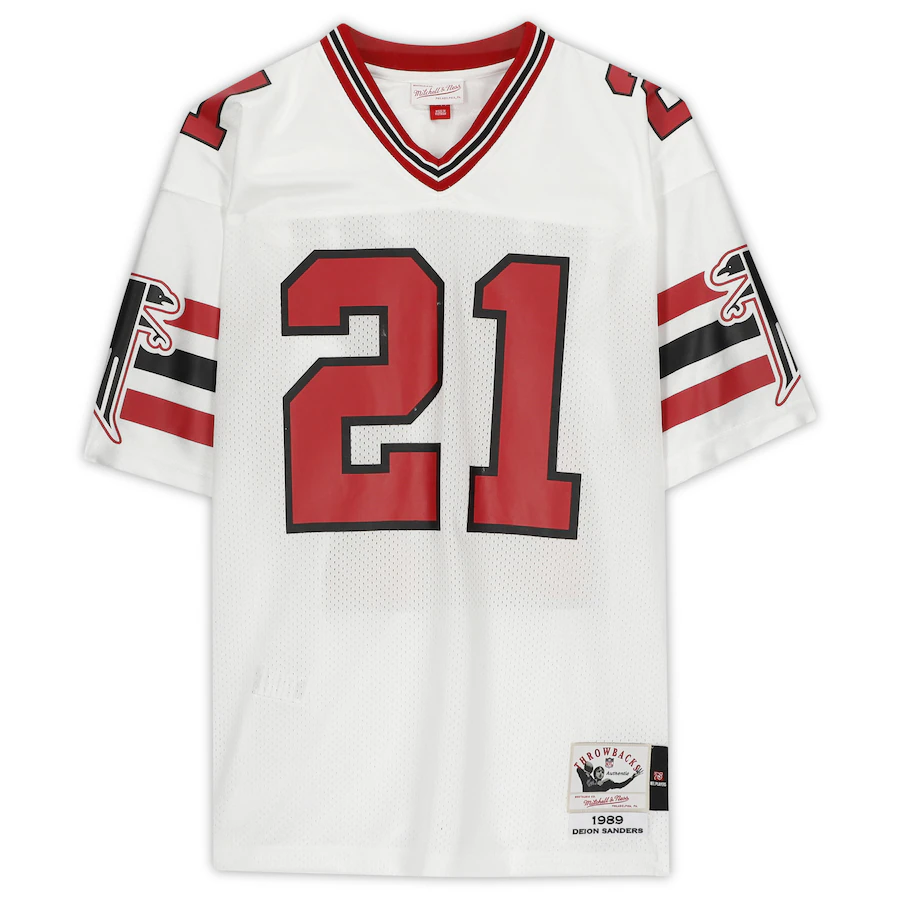 Deion Sanders Signed White Atlanta Falcons Mitchell & Ness Authentic Jersey with "Prime Time" Inscription (Fanatics)