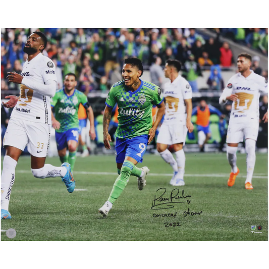 Raul Ruidiaz Signed Seattle Sounders FC  16" x 20" 2022 CONCACAF Goal Celebrating Photograph with "CONCACAF Champ 2022" Inscription (Fanatics)