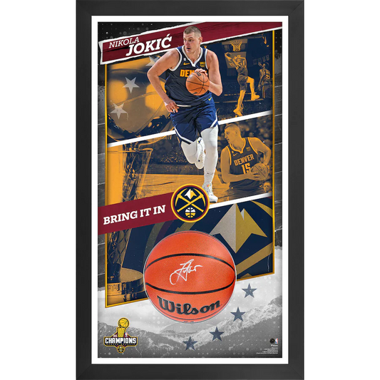 Nikola Jokic  Signed Denver Nuggets 2023 NBA Finals Champions Framed 24" x 40" Shadowbox Photograph with Autographed Basketball  (Fanatics)