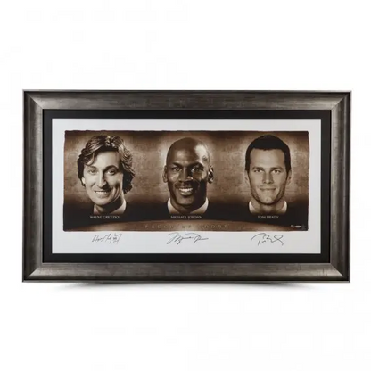 Wayne Gretzky, Michael Jordan and Tom Brady Signed “Faces of Sport” 58 x 34 Framed (Upper Deck)