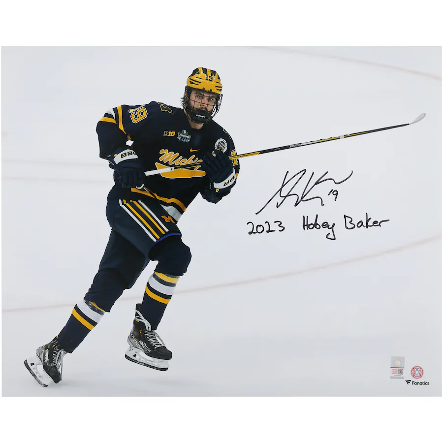 Adam Fantilli Michigan Wolverines Signed 16" x 20" Navy Jersey Skating Photograph with "2023 Hobey Baker" Inscription (Fanatics)