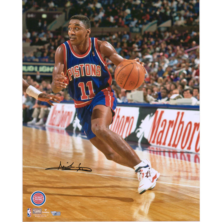 Isiah Thomas  Signed Detroit Pistons  16" x 20" Driving in Blue Jersey Photograph (Fanatics)