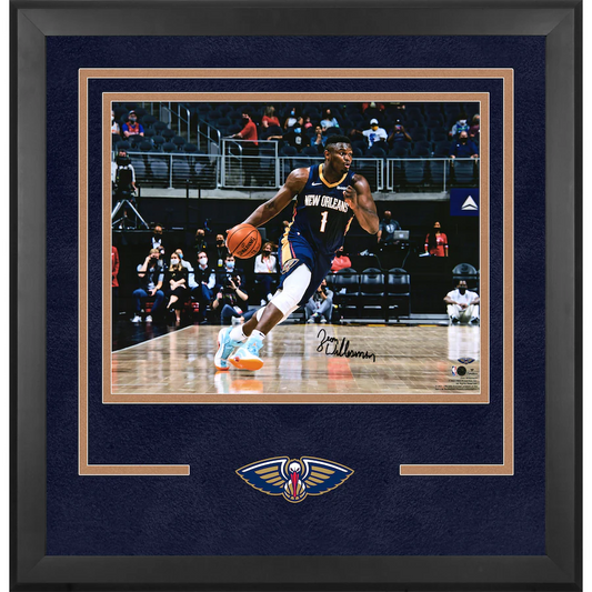 Zion Williamson Signed New Orleans Pelicans  Deluxe Framed 16" x 20" Dribbling In Navy Jersey Photograph (Fanatics)