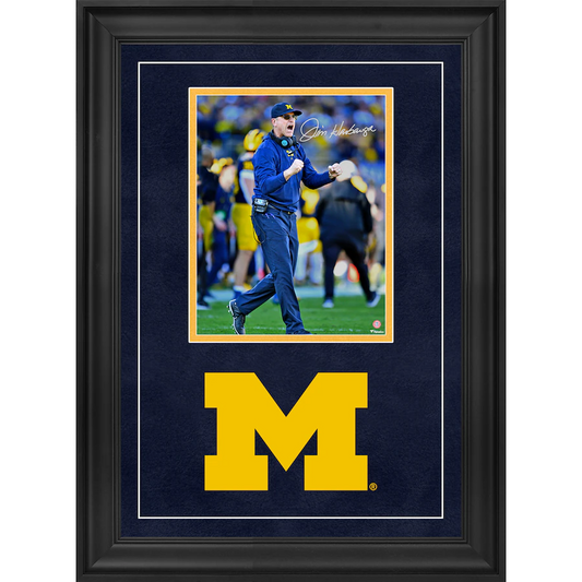 Jim Harbaugh Michigan Wolverines Signed College Football Playoff 2023 National Champions Deluxe Framed 8" x 10" 2024 Rose Bowl Game Celebrating Photograph (Fanatics)