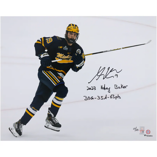 Adam Fantilli Michigan Wolverines Signed 16" x 20" Navy Jersey Skating Photograph with Multiple Inscriptions - Limited Edition of 23 (Fanatics)
